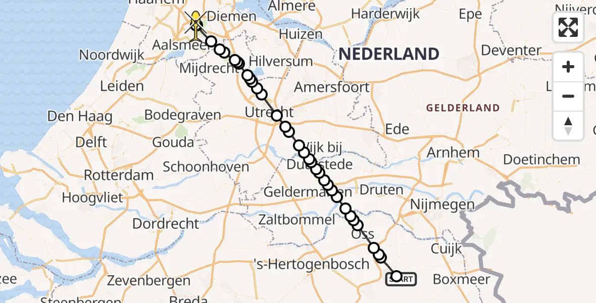Vluchtroute Politiehelikopter van Vliegbasis Volkel naar Schiphol