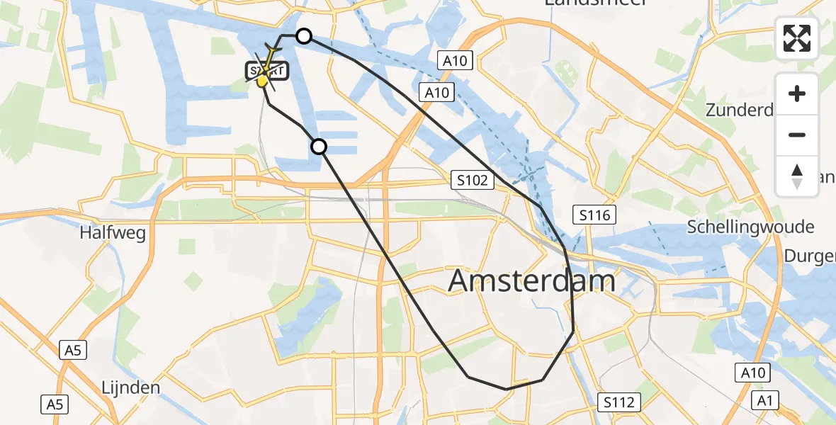 Routekaart van de vlucht: Lifeliner 1 naar Amsterdam Heliport, Westhaven