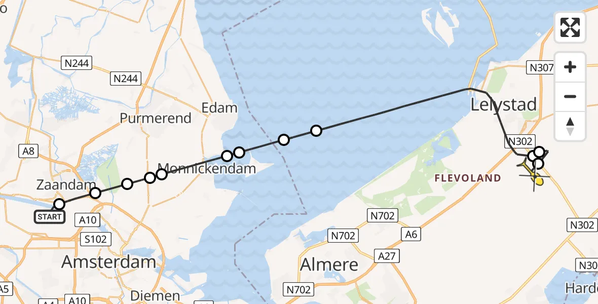 Routekaart van de vlucht: Traumaheli naar Lelystad Airport, Symon Spiersweg