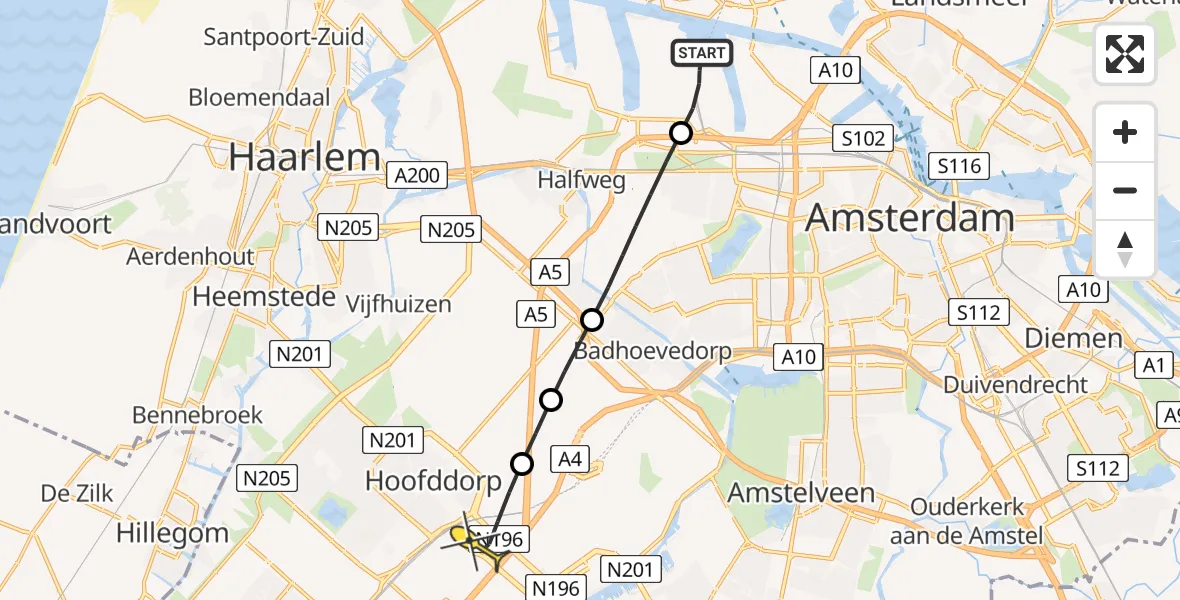 Routekaart van de vlucht: Lifeliner 1 naar Hoofddorp, Nieuw-Zeelandweg