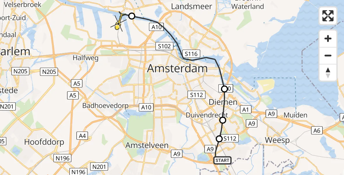 Routekaart van de vlucht: Lifeliner 1 naar Amsterdam Heliport, Stekkenbergweg