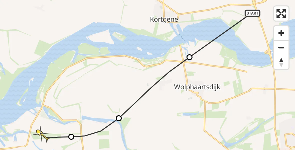 Routekaart van de vlucht: Politieheli naar Vliegveld Midden-Zeeland, Veerweg