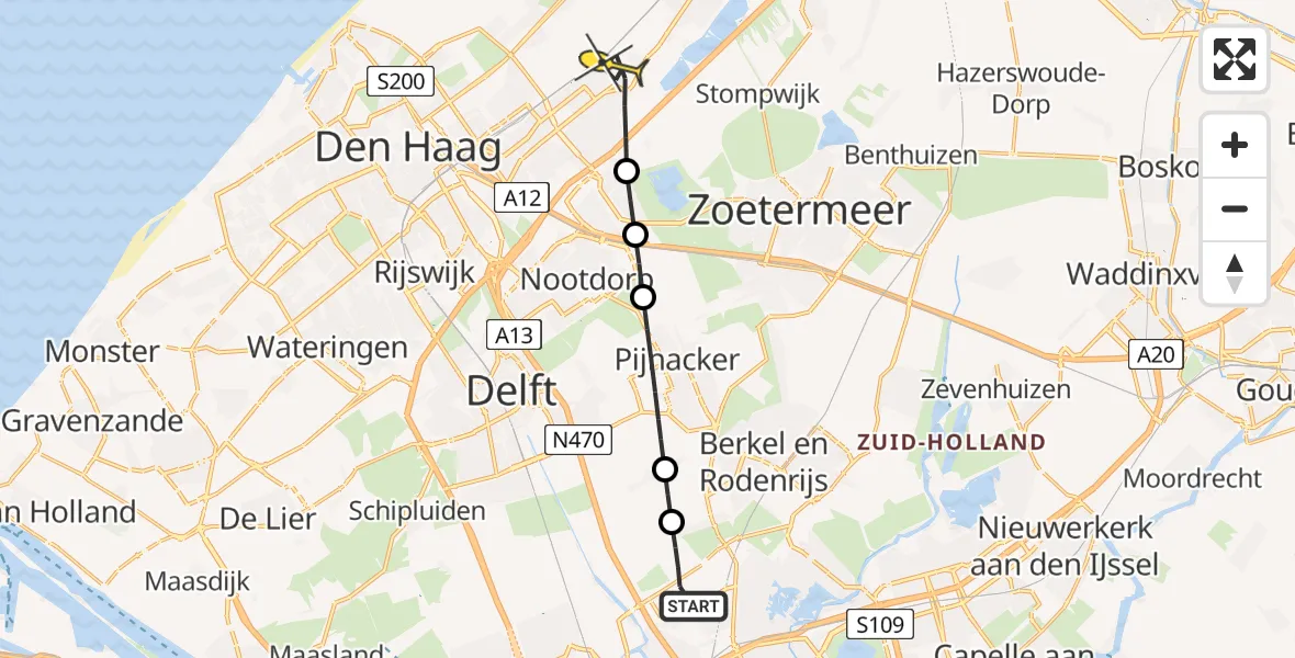 Routekaart van de vlucht: Lifeliner 2 naar Leidschendam, A16 Rotterdam