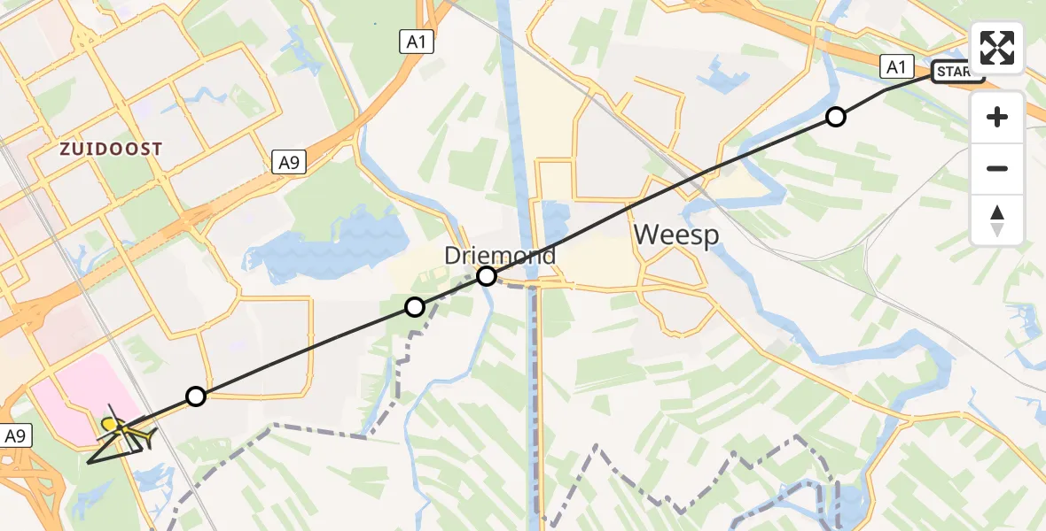Routekaart van de vlucht: Lifeliner 1 naar Academisch Medisch Centrum (AMC), Lange Muiderweg