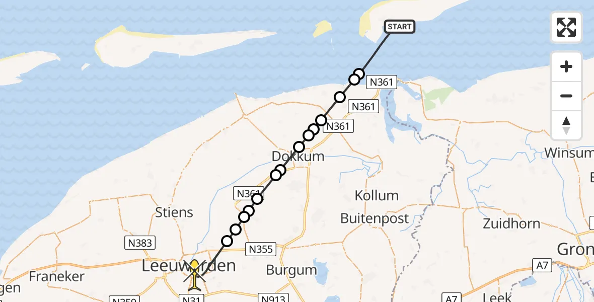 Routekaart van de vlucht: Ambulanceheli naar Leeuwarden, Rede van Schiermonnikoog