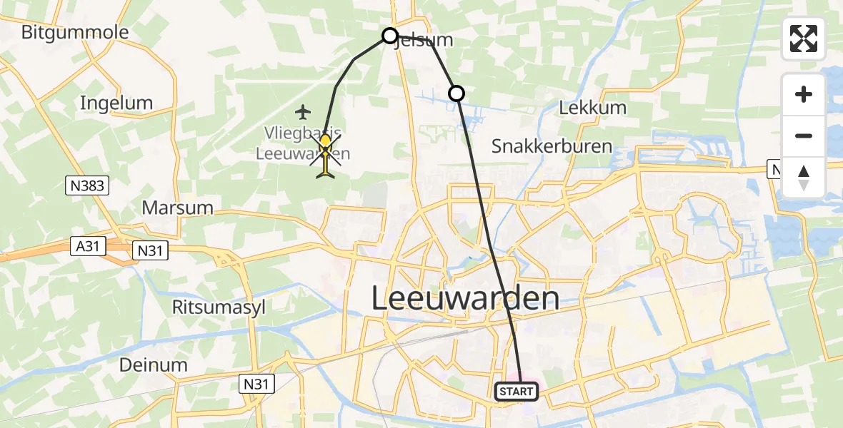 Routekaart van de vlucht: Ambulancehelikopter naar Vliegbasis Leeuwarden, Tweebaksmarkt