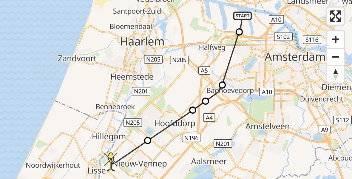 Routekaart van de vlucht: Lifeliner 1 naar Nieuw-Vennep, Westpoort