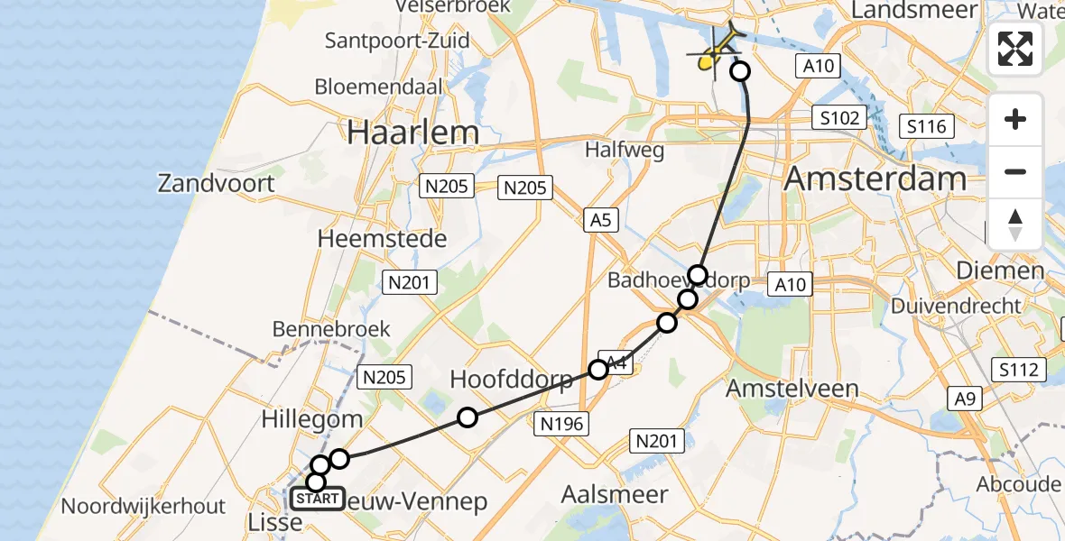 Routekaart van de vlucht: Lifeliner 1 naar Amsterdam Heliport, Hillegommerdijk