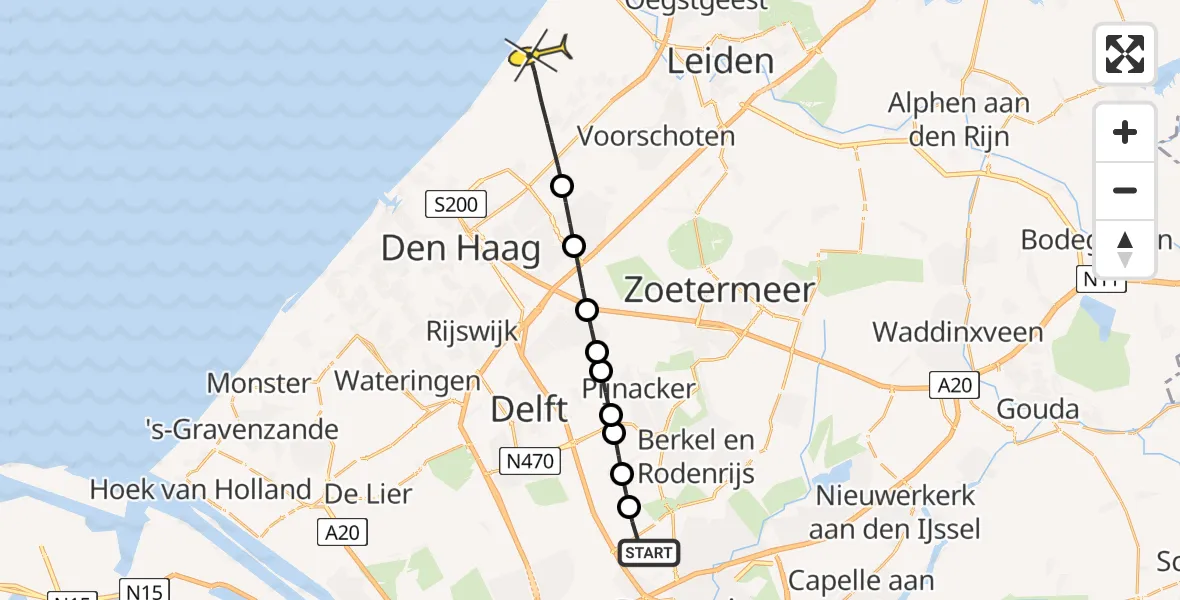 Routekaart van de vlucht: Lifeliner 2 naar Wassenaar, Schieveense polder