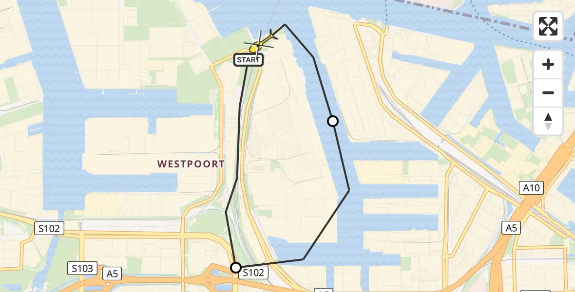 Routekaart van de vlucht: Lifeliner 1 naar Amsterdam Heliport, Nieuw-Zeelandweg
