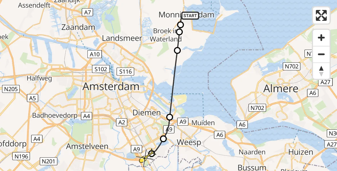 Routekaart van de vlucht: Lifeliner 1 naar Academisch Medisch Centrum (AMC), Jaagweg