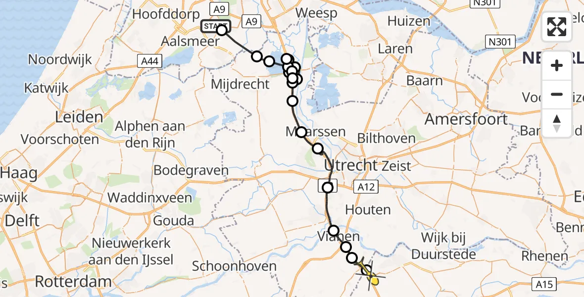 Routekaart van de vlucht: Politiehelikopter naar Culemborg, Gaasterland