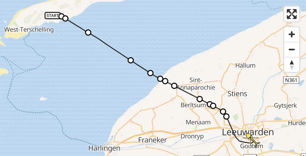 Routekaart van de vlucht: Ambulancehelikopter naar Leeuwarden, Noord Midslandweg