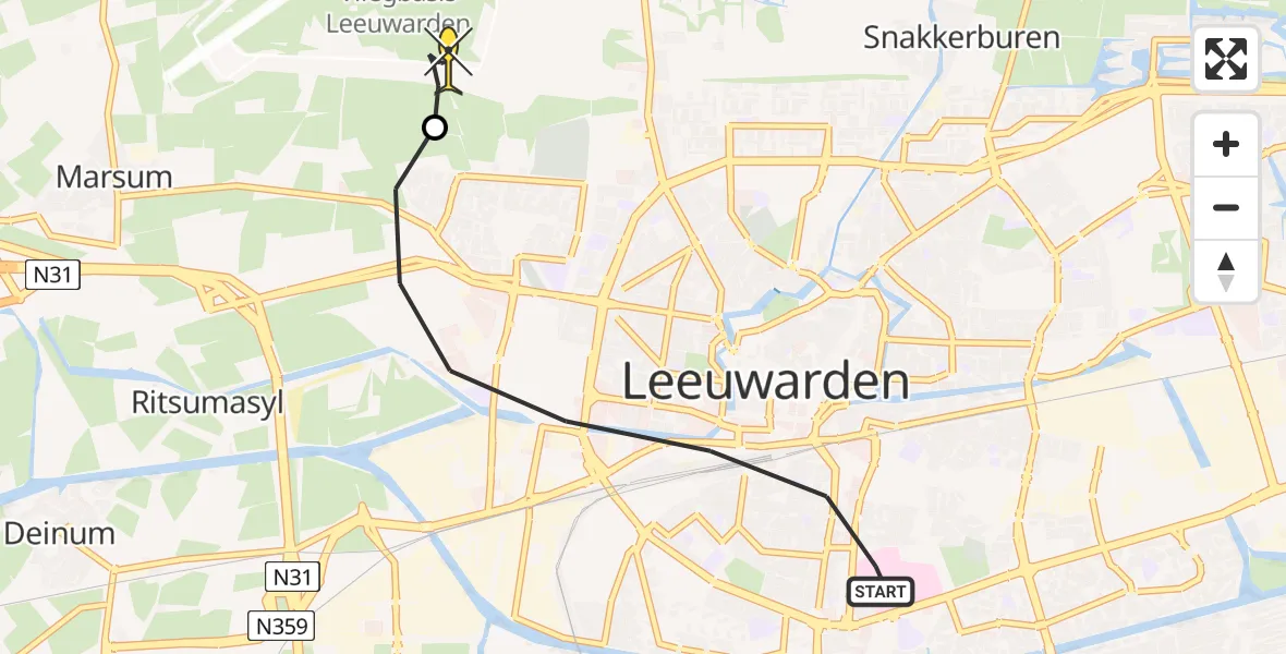 Routekaart van de vlucht: Ambulanceheli naar Vliegbasis Leeuwarden, Aldlânsdyk