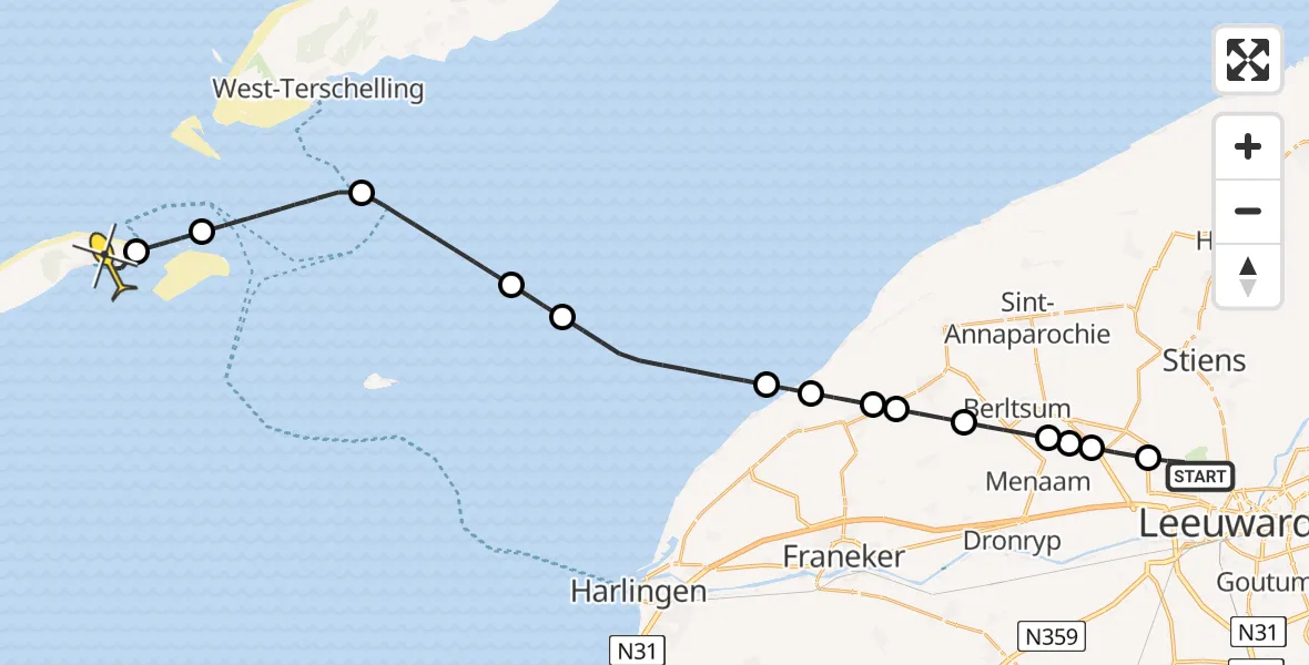 Routekaart van de vlucht: Ambulancehelikopter naar Vlieland Heliport, Keegsdijkje