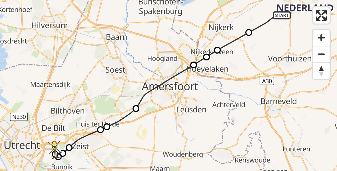 Routekaart van de vlucht: Lifeliner 1 naar Universitair Medisch Centrum Utrecht, Hogesteeg