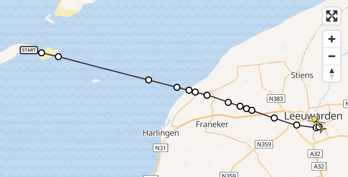 Routekaart van de vlucht: Ambulancehelikopter naar Leeuwarden, Vliesloot
