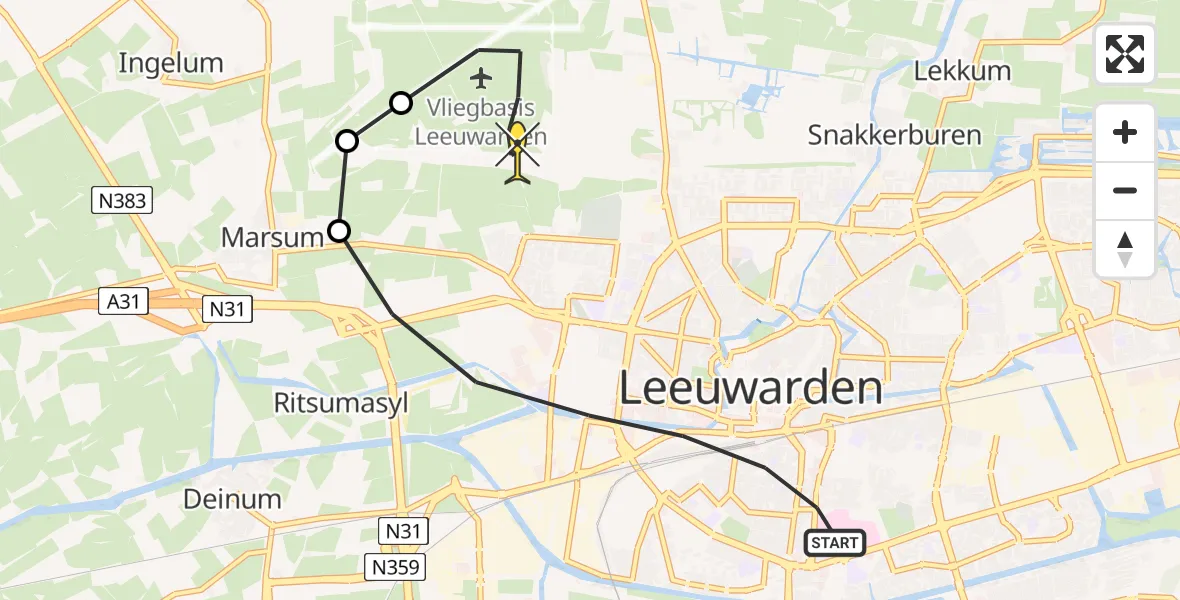 Routekaart van de vlucht: Ambulancehelikopter naar Vliegbasis Leeuwarden, Aldlânsdyk