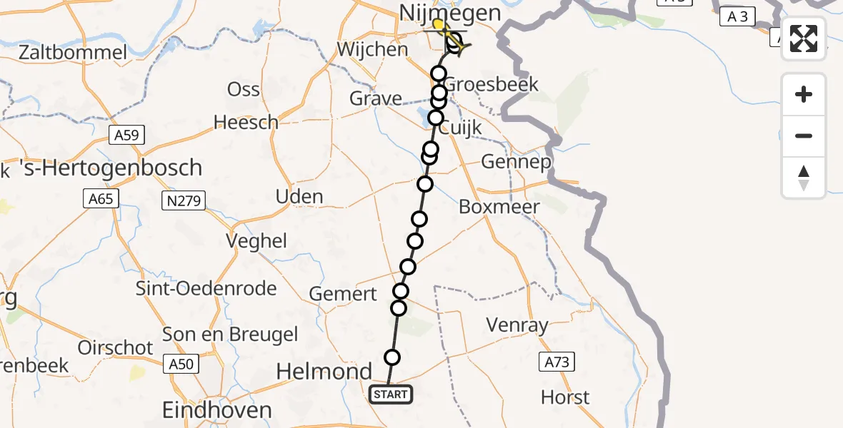 Routekaart van de vlucht: Lifeliner 3 naar Radboud Universitair Medisch Centrum, Klein Bruggen