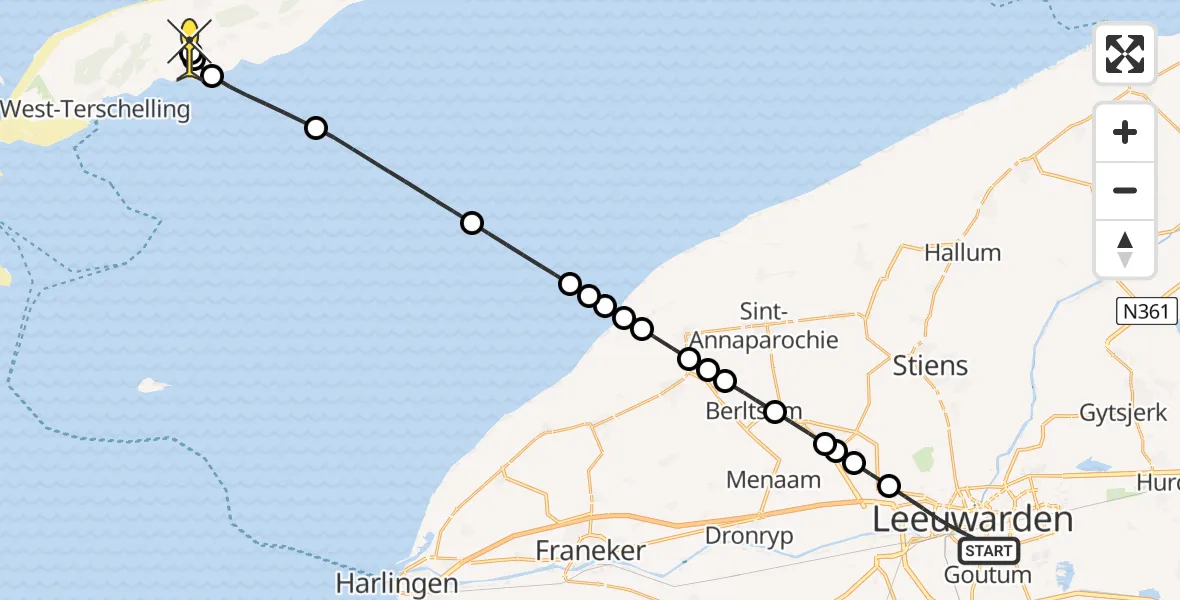 Routekaart van de vlucht: Ambulancehelikopter naar Midsland, Van Loonstraat