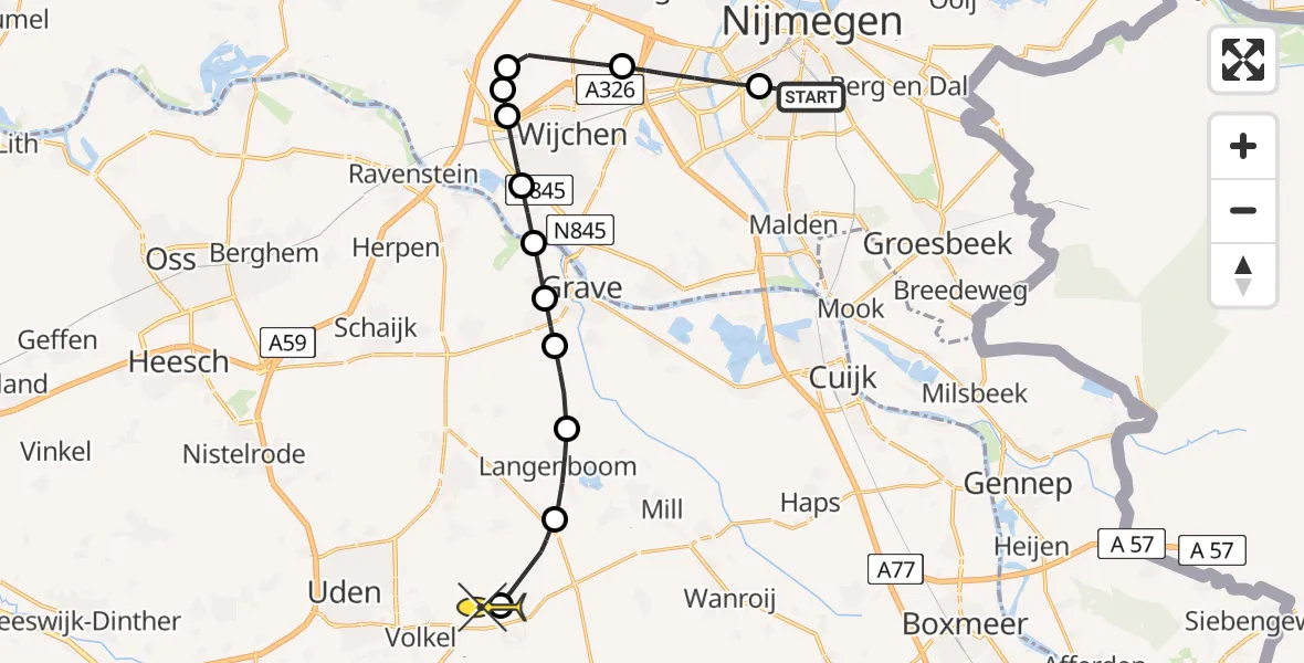 Routekaart van de vlucht: Lifeliner 3 naar Vliegbasis Volkel, Lamastraat