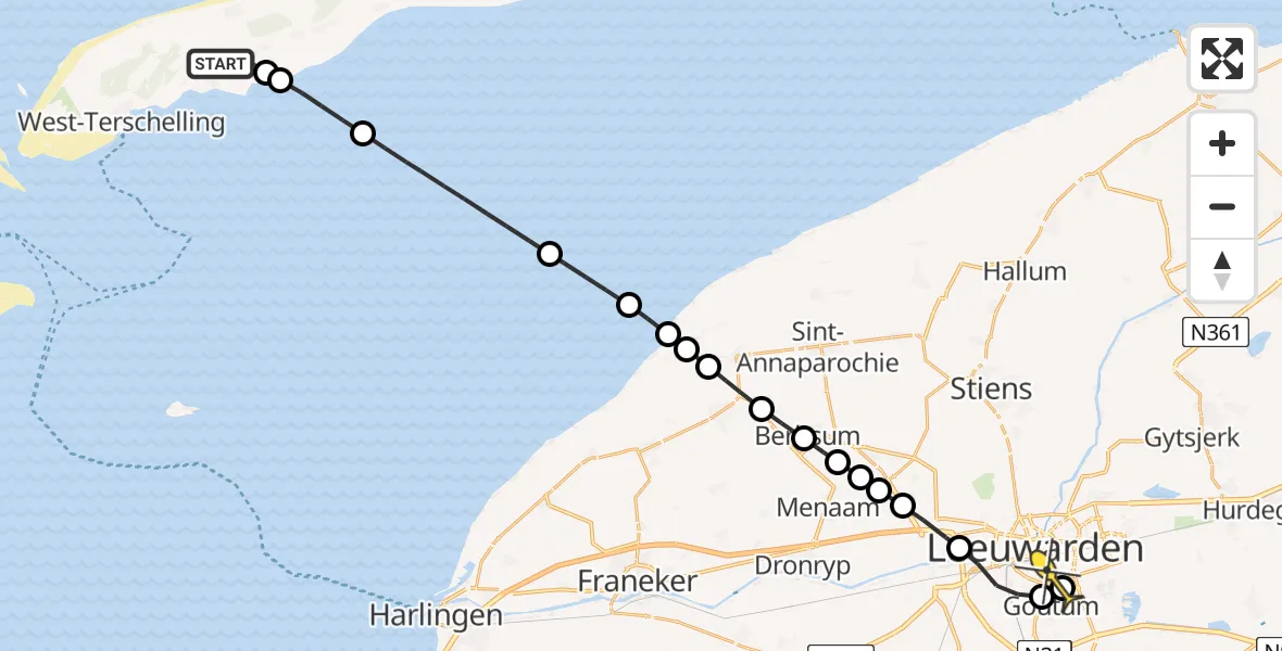 Routekaart van de vlucht: Ambulancehelikopter naar Leeuwarden, Midslander Hoofdweg