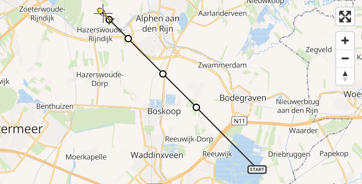 Routekaart van de vlucht: Politieheli naar Koudekerk aan den Rijn, Bosmankade