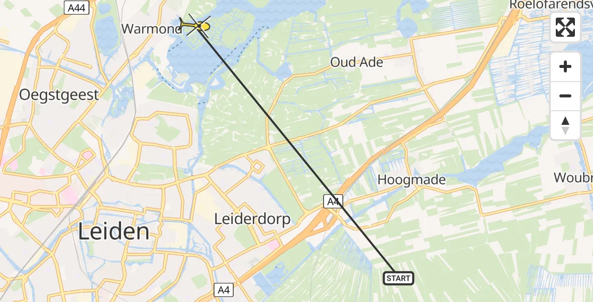 Routekaart van de vlucht: Politiehelikopter naar Warmond, Hofpolder