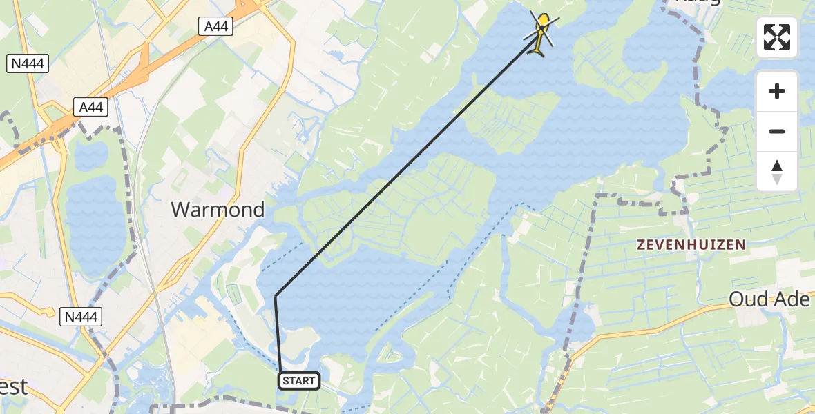 Routekaart van de vlucht: Politiehelikopter naar Warmond, Norremeer
