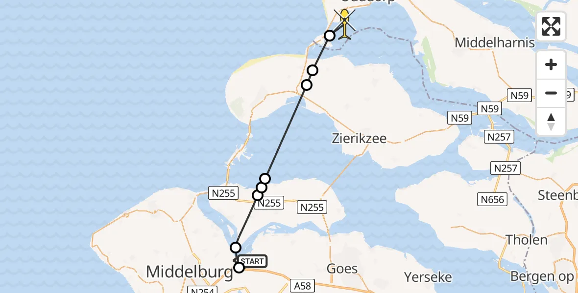 Routekaart van de vlucht: Kustwachthelikopter naar Ouddorp, Postweg