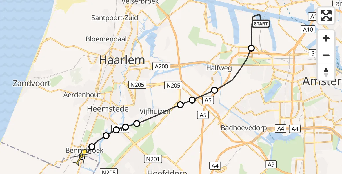 Routekaart van de vlucht: Lifeliner 1 naar Hillegom, Siciliëweg