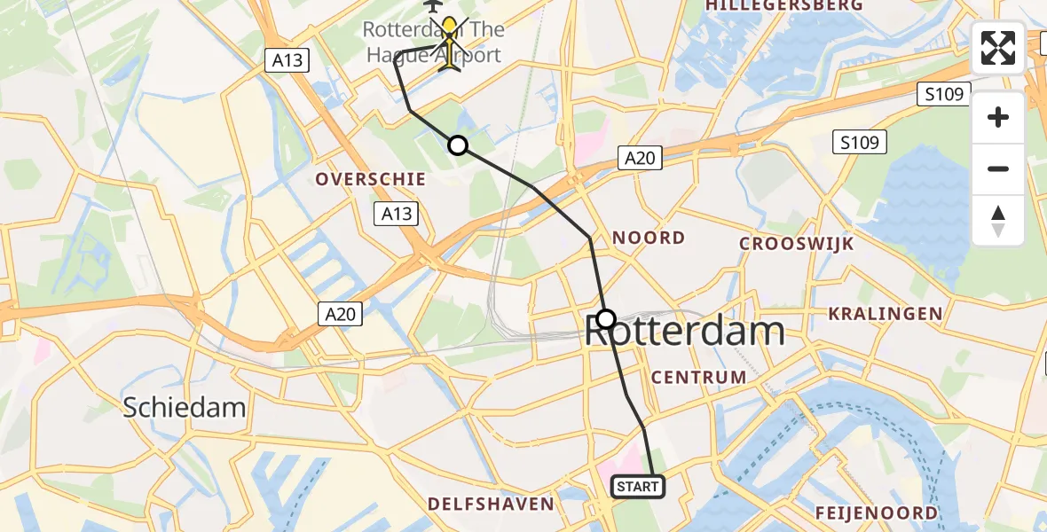 Routekaart van de vlucht: Lifeliner 2 naar Rotterdam The Hague Airport, Gaffeldwarsstraat