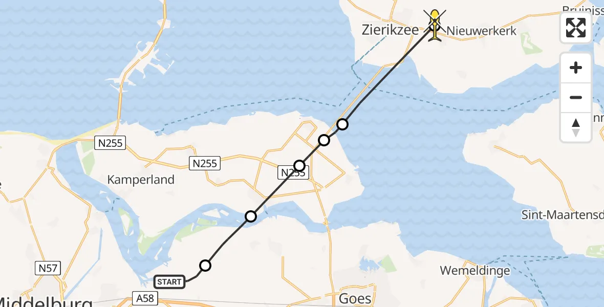 Routekaart van de vlucht: Kustwachthelikopter naar Nieuwerkerk, Overhofweg