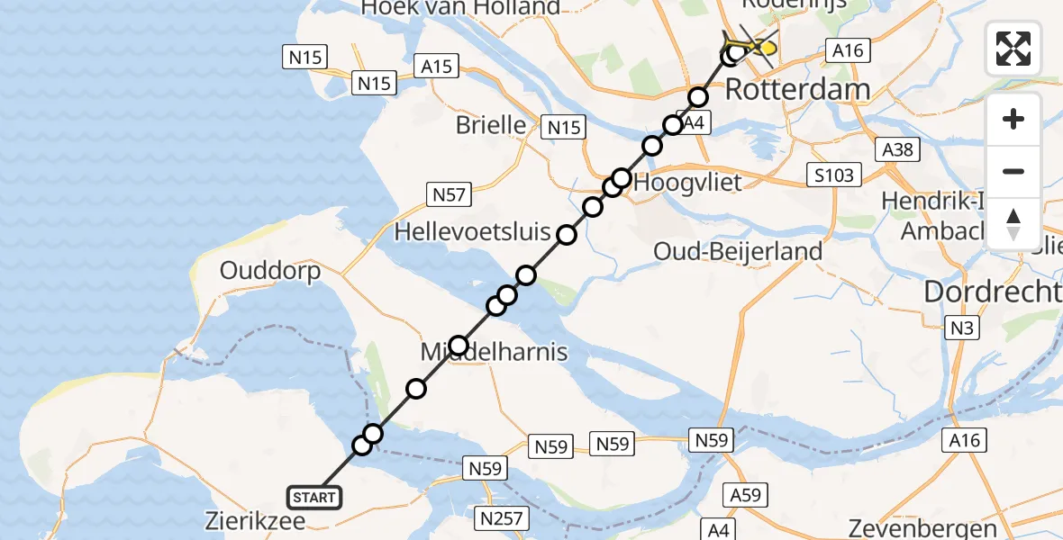 Routekaart van de vlucht: Kustwachthelikopter naar Rotterdam The Hague Airport, Arlandabaan Platformzijde