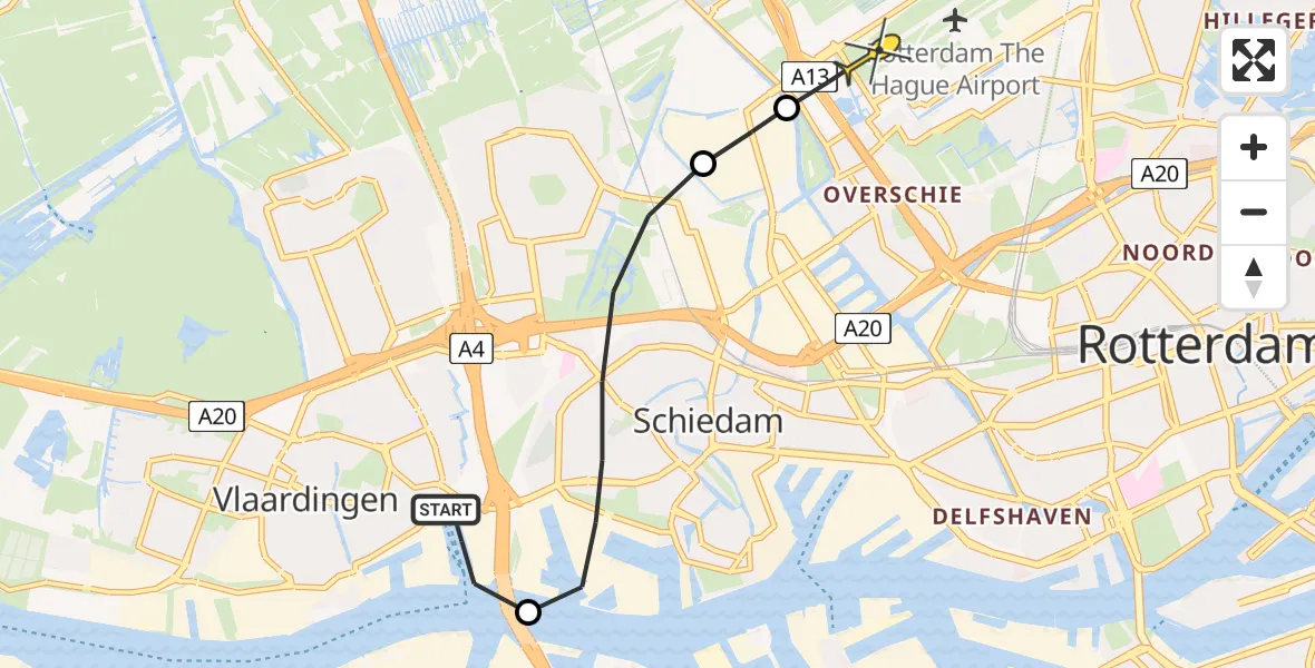 Routekaart van de vlucht: Kustwachthelikopter naar Rotterdam The Hague Airport, Schiedamsedijk