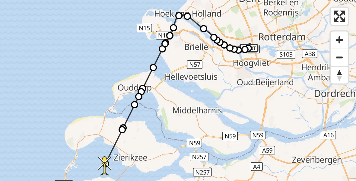 Routekaart van de vlucht: Kustwachthelikopter naar Zierikzee, Schiedamsedijk
