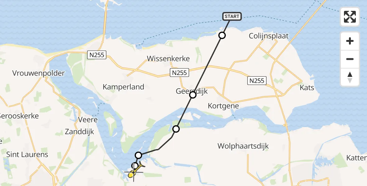Routekaart van de vlucht: Kustwachthelikopter naar Vliegveld Midden-Zeeland, De Verlaetweg