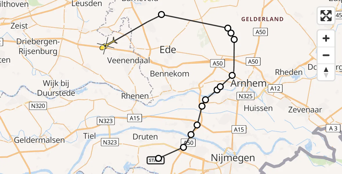 Routekaart van de vlucht: Politieheli naar Overberg, Begijnenstraat