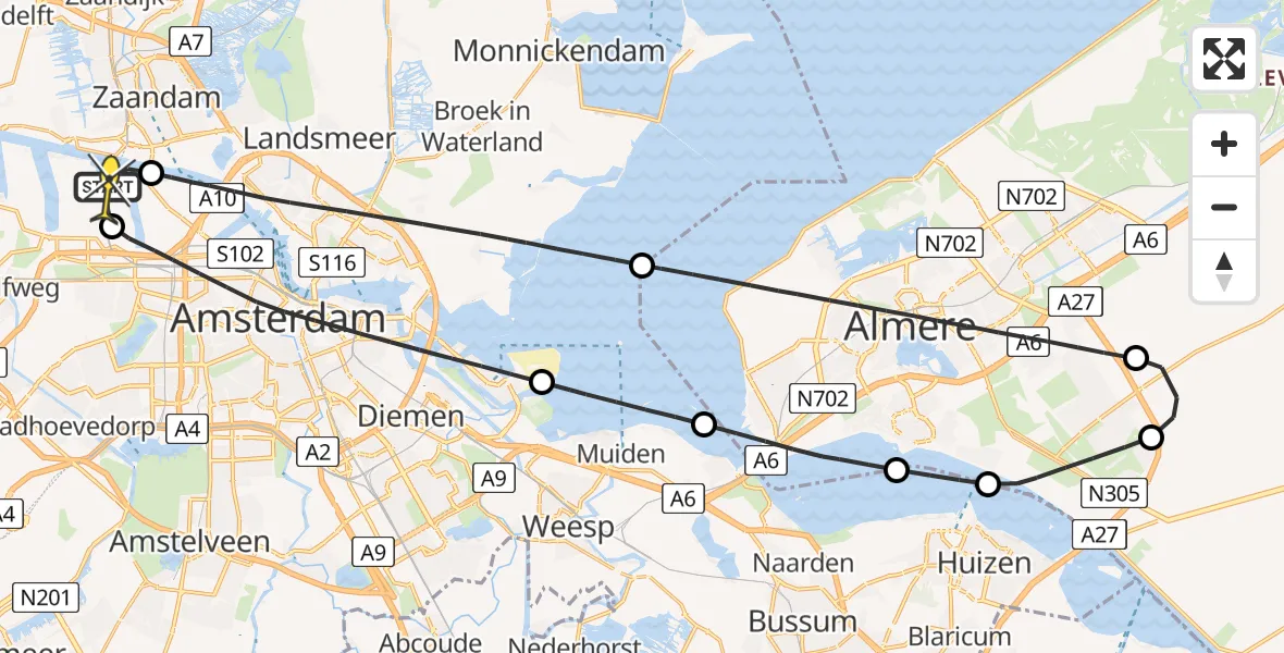 Routekaart van de vlucht: Lifeliner 1 naar Amsterdam Heliport, Belangenvereniging tuinders Zaanderhorn