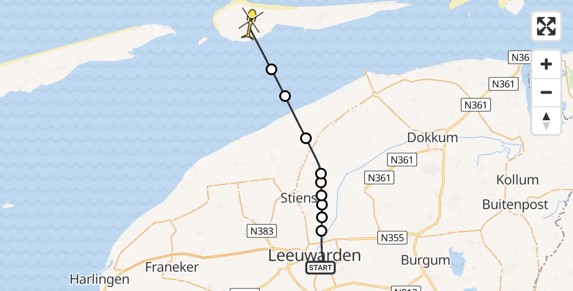 Routekaart van de vlucht: Ambulanceheli naar Ameland Airport Ballum, Achter de Hoven