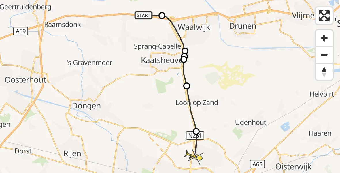 Routekaart van de vlucht: Politiehelikopter naar Tilburg, Maasroute