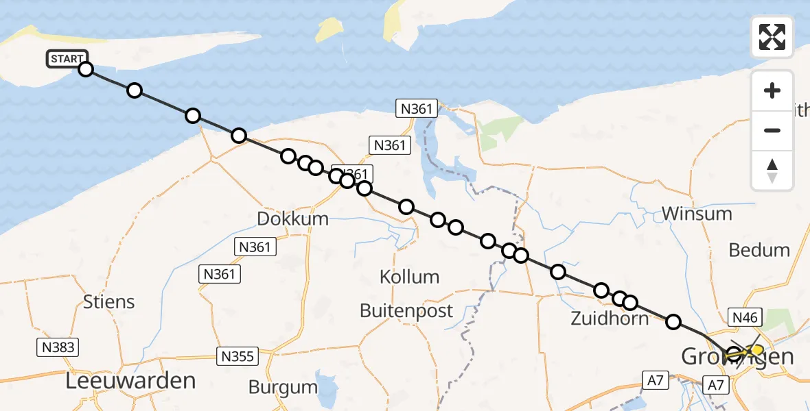 Routekaart van de vlucht: Ambulancehelikopter naar Universitair Medisch Centrum Groningen, Molenplaat