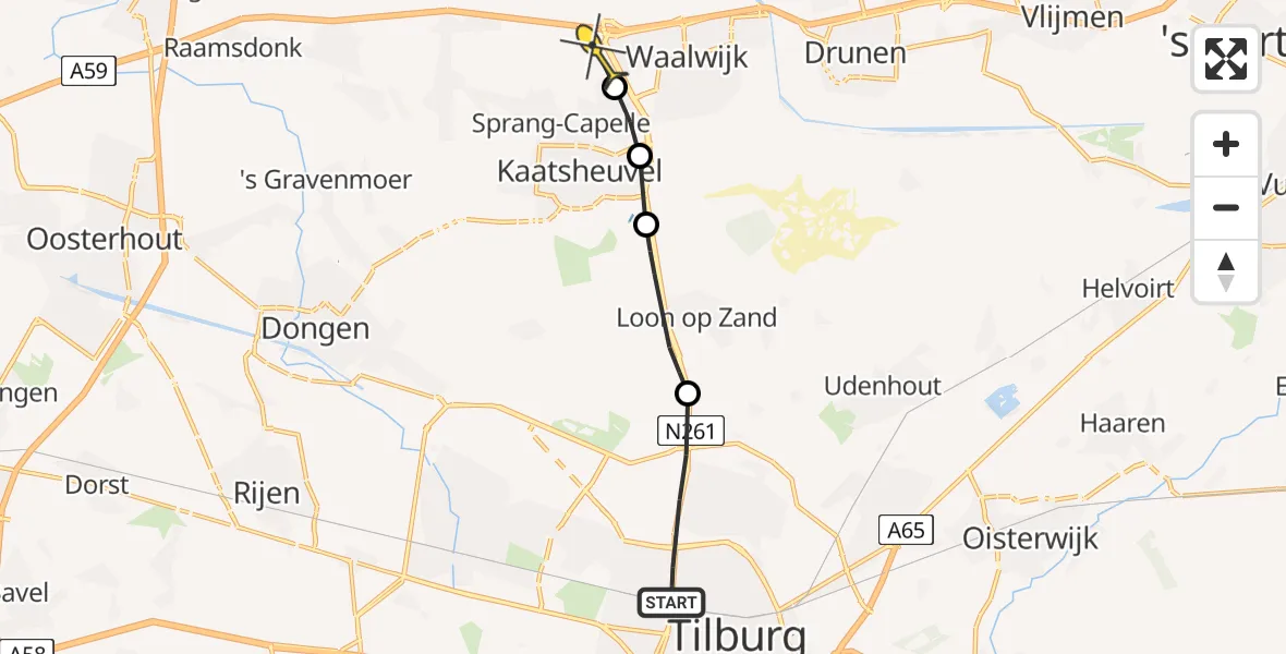 Routekaart van de vlucht: Politiehelikopter naar Waalwijk, Midden-Brabantweg