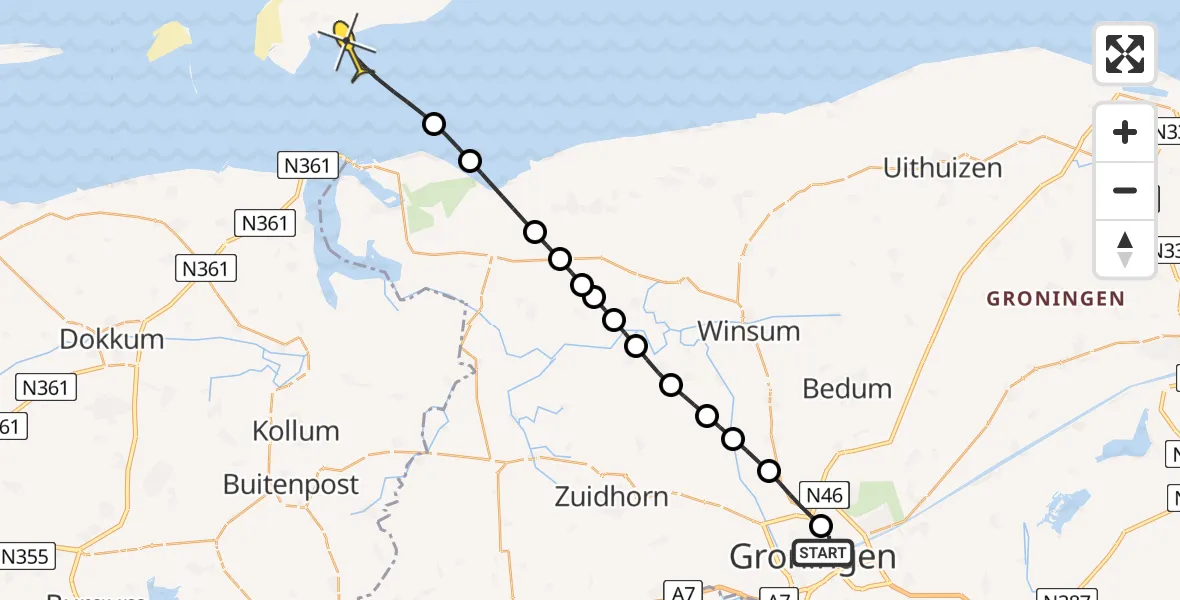 Routekaart van de vlucht: Ambulancehelikopter naar Schiermonnikoog, Parkzijde