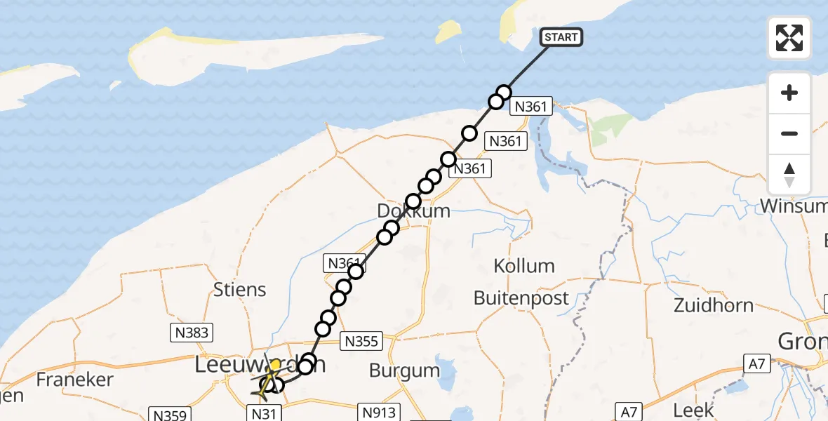 Routekaart van de vlucht: Ambulancehelikopter naar Leeuwarden, Groote Siege
