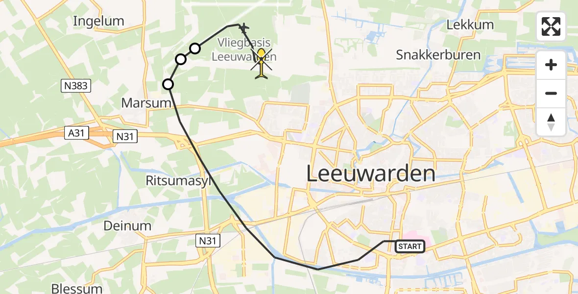 Routekaart van de vlucht: Ambulanceheli naar Vliegbasis Leeuwarden, Prinsessenweg