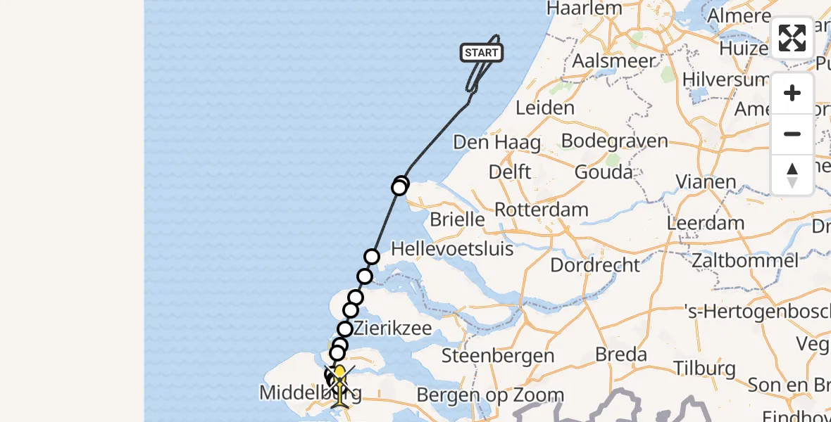 Routekaart van de vlucht: Kustwachthelikopter naar Vliegveld Midden-Zeeland, Westhoofdduinpad