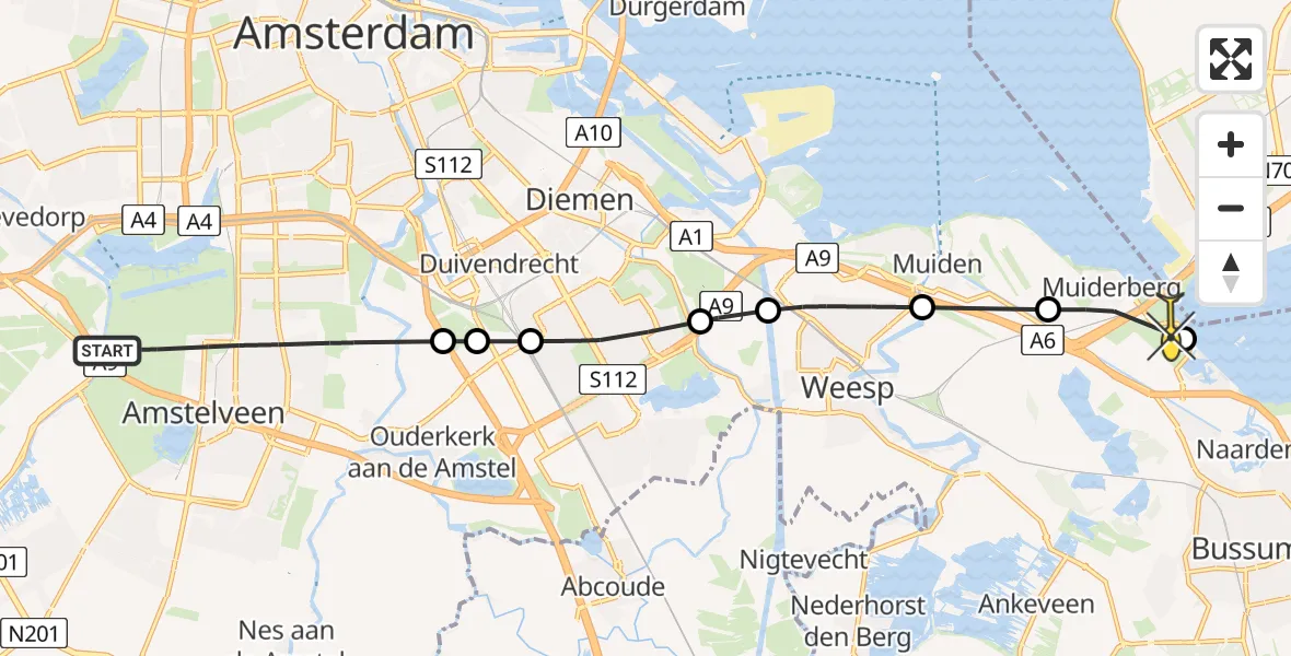 Routekaart van de vlucht: Politiehelikopter naar Naarden, Burgemeester van Sonweg