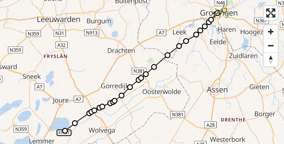 Routekaart van de vlucht: Lifeliner 4 naar Universitair Medisch Centrum Groningen, Marwei