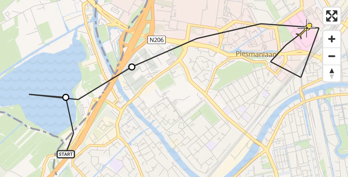 Routekaart van de vlucht: Lifeliner 1 naar Leiden, J. Pellenbargweg
